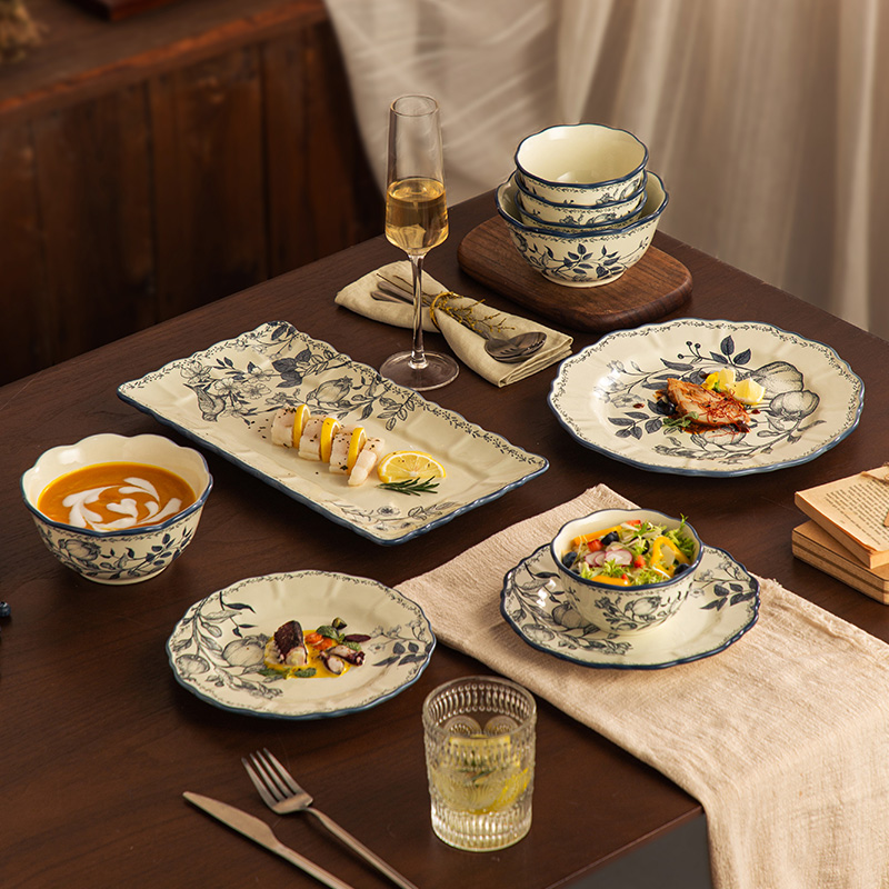 中古风餐具陶瓷家用碗碟套装中式高档饭碗乔迁碗具礼物高级感盘子