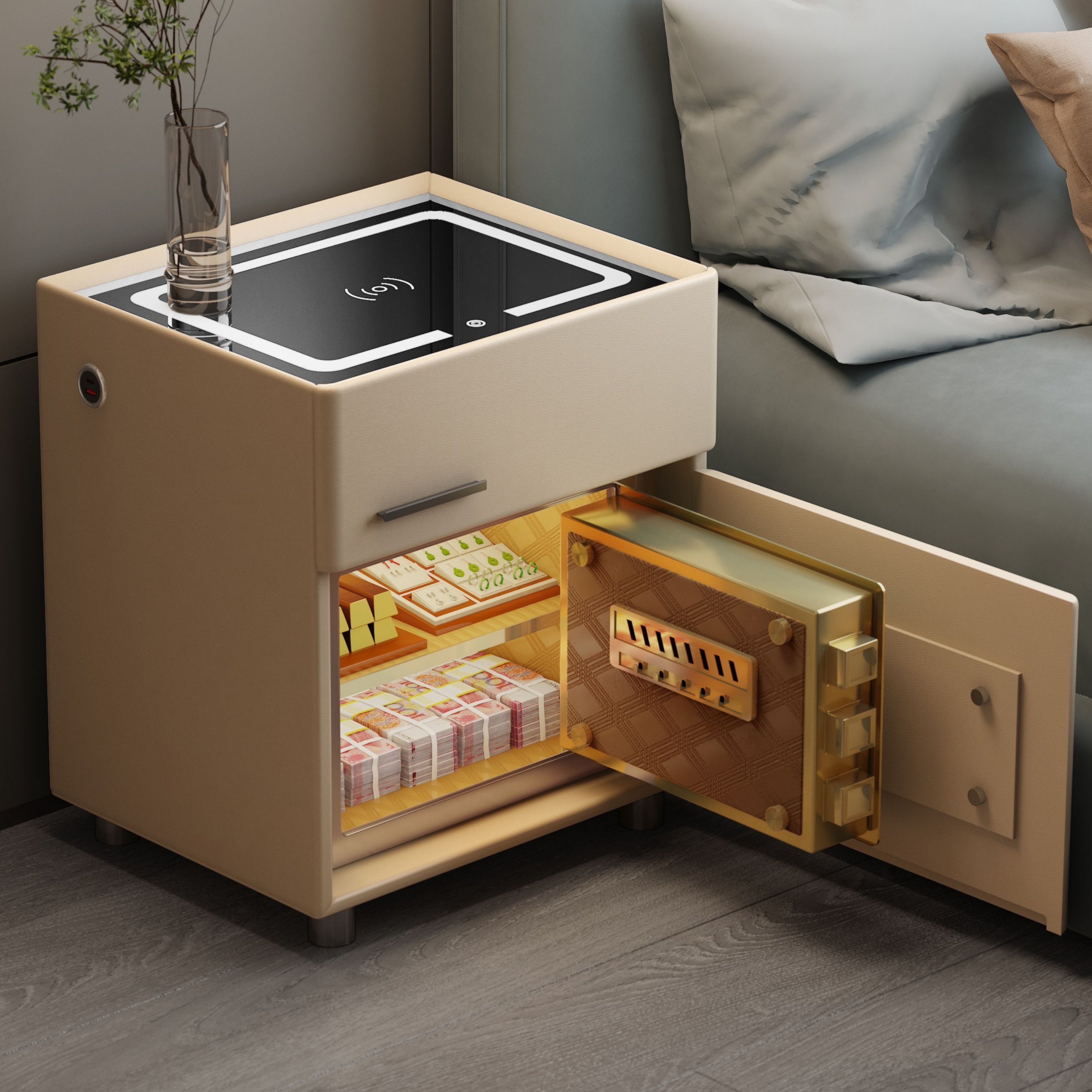 智能床头柜保险柜一体简约现代卧室实木充线保险箱指纹锁无线床边,住宅家具,智能床头柜,淘宝优惠券,粉丝福利购,淘宝优惠卷
