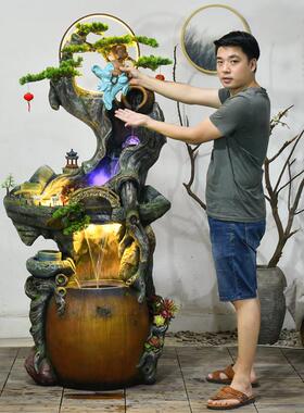 中式禅意假山田园流水喷泉景观招财送礼摆件根雕风水球客厅加湿器
