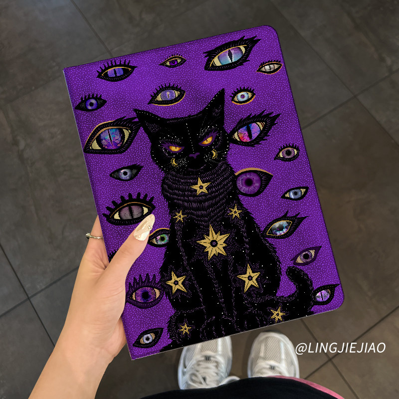 适用于ipadair5保护套2022新款平板壳ipad9/10蚕丝纹书本mini6全包8防摔10.9寸紫色猫咪ipadpro桌面air2迷你