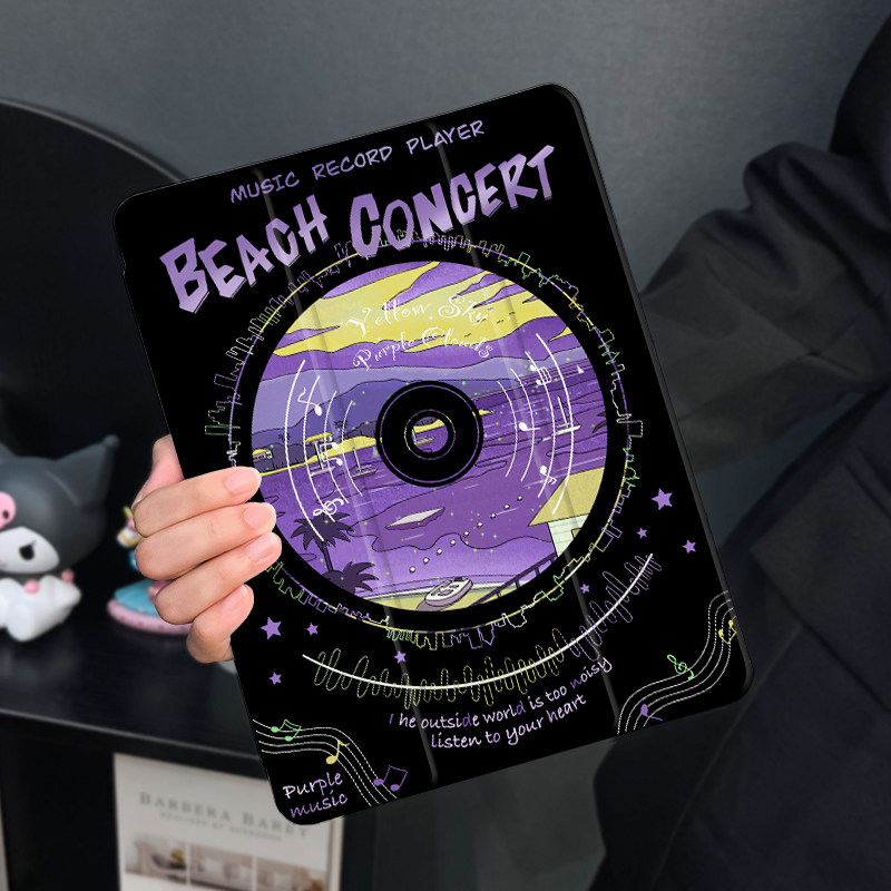 紫色唱片适用于ipad10保护套air5/4/3平板壳2022苹果第九代10.2寸10代mini6三折硅胶ipadpro11/12.9带笔槽女