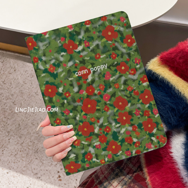 适用于ipadair5保护套2022新款平板壳ipad9/10蚕丝纹书本mini6全包8防摔10.9寸复古红花ipadpro复古air2迷你