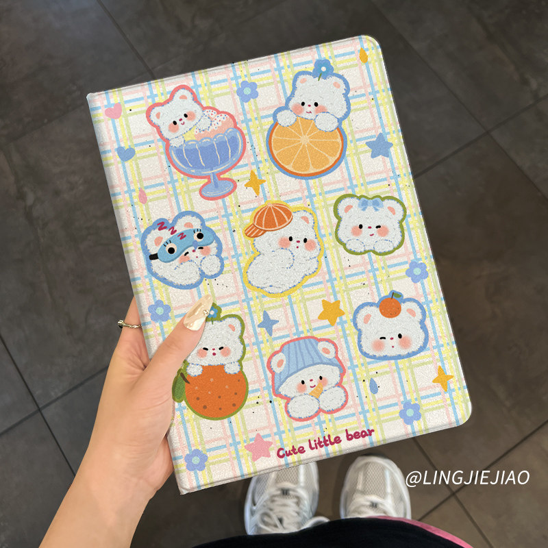 适用于ipadair5保护套2022新款平板壳ipad9/10蚕丝纹书本mini6全包8防摔10.9寸小熊橘子ipadpro桌面air2迷你