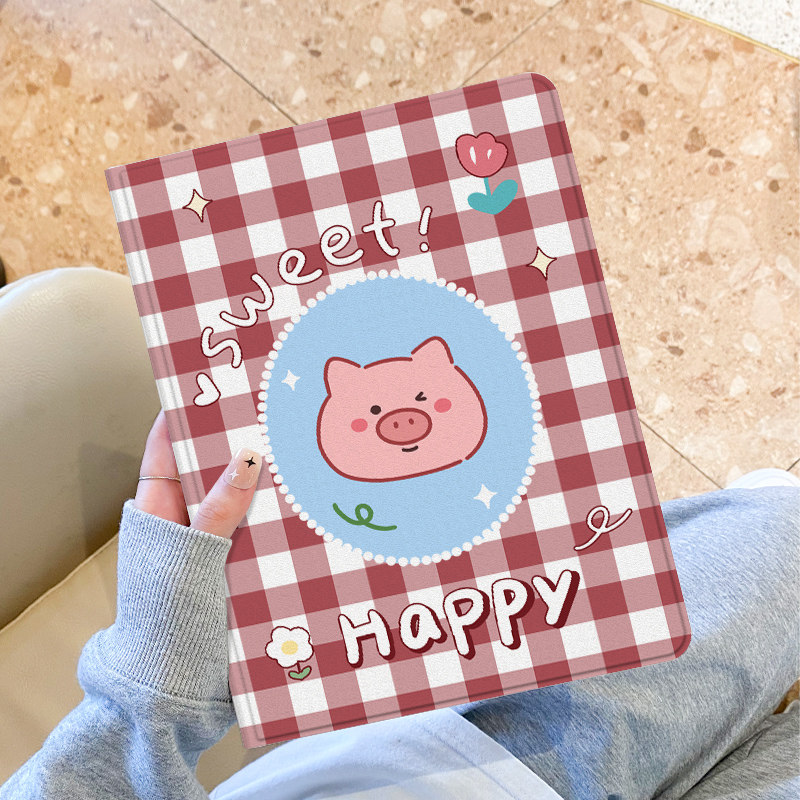 槽ipadpro保护套air3可爱猪猪2022蚕丝纹mini6/4苹果平板11寸卡通防摔