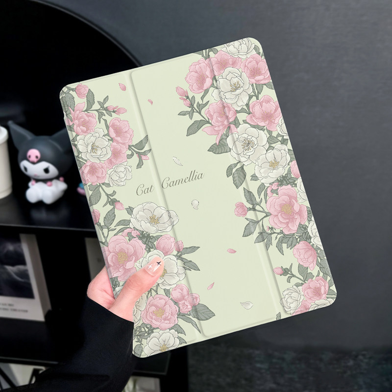 淡雅山茶适用于ipadair5保护套苹果2022平板mini6防摔第十代平板壳ipad9硅胶带笔槽10新款2019三折2017mini4