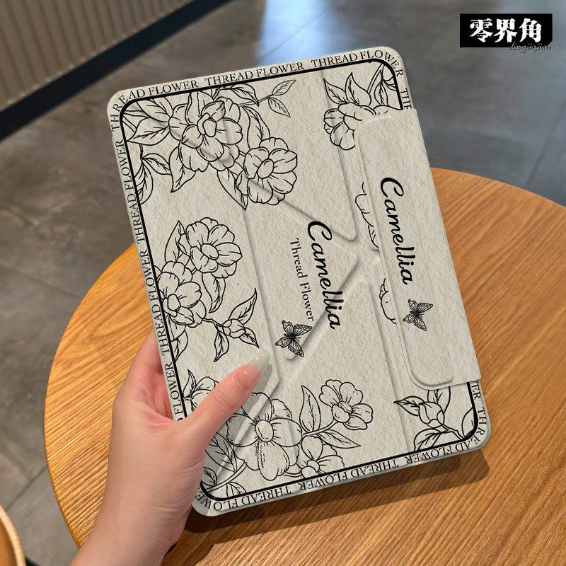 【3+Y折x磁吸分离】线条山茶适用于ipadair6平板保护套2025新款10.9寸苹果18版10.2双面夹pro11搭扣13横竖5壳