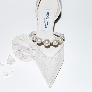 [新年礼物]JIMMY CHOO/AURELIE 85 女士 珍珠饰蕾丝高跟鞋婚鞋