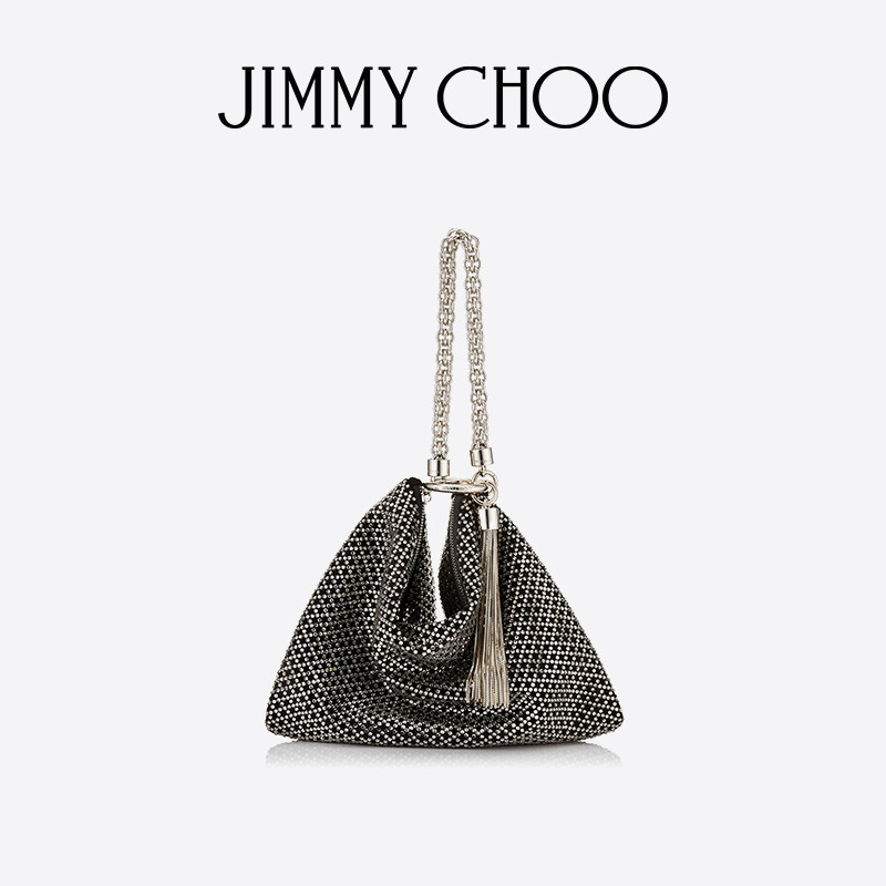 [七夕礼物]JIMMY CHOO/CALLIE 女士水晶饰黑色皮革手拿链条包JC