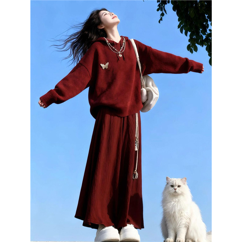 圣诞氛围感穿搭针织连衣裙2026超火冬装一整套装跨年战袍红色裙子