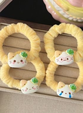 秋冬新款奶油色黄色猫咪甜甜圈小肠圈发圈卡通软萌女马尾发绳发饰