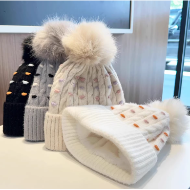 圆点提花针织帽秋冬男女新款毛线帽加绒加厚保暖潮流百搭帽子