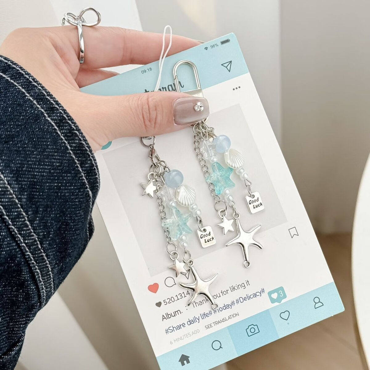 甜美海星手机链钥匙扣简约百搭金属星星咕卡包包ccd相机挂件