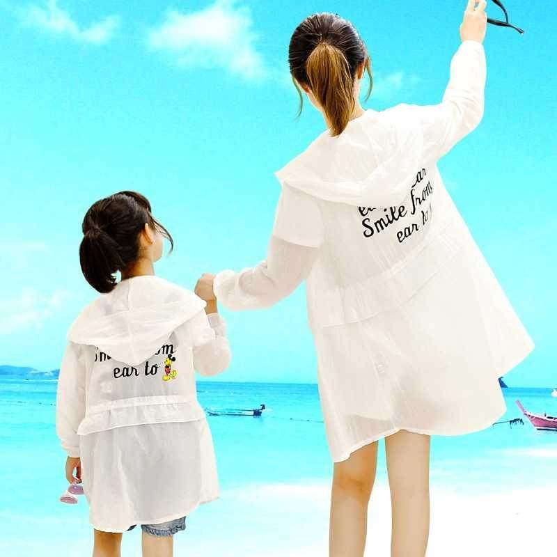 胖mm防紫线初中生纯色女童加长款中大童女式防晒衣女连帽中学生