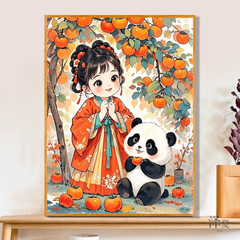 餐厅柿柿如意5d钻石画满钻2025新款客厅粘钻石贴十字绣女孩熊猫