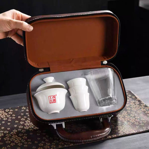 西湖工夫羊脂玉瓷旅行茶具套装