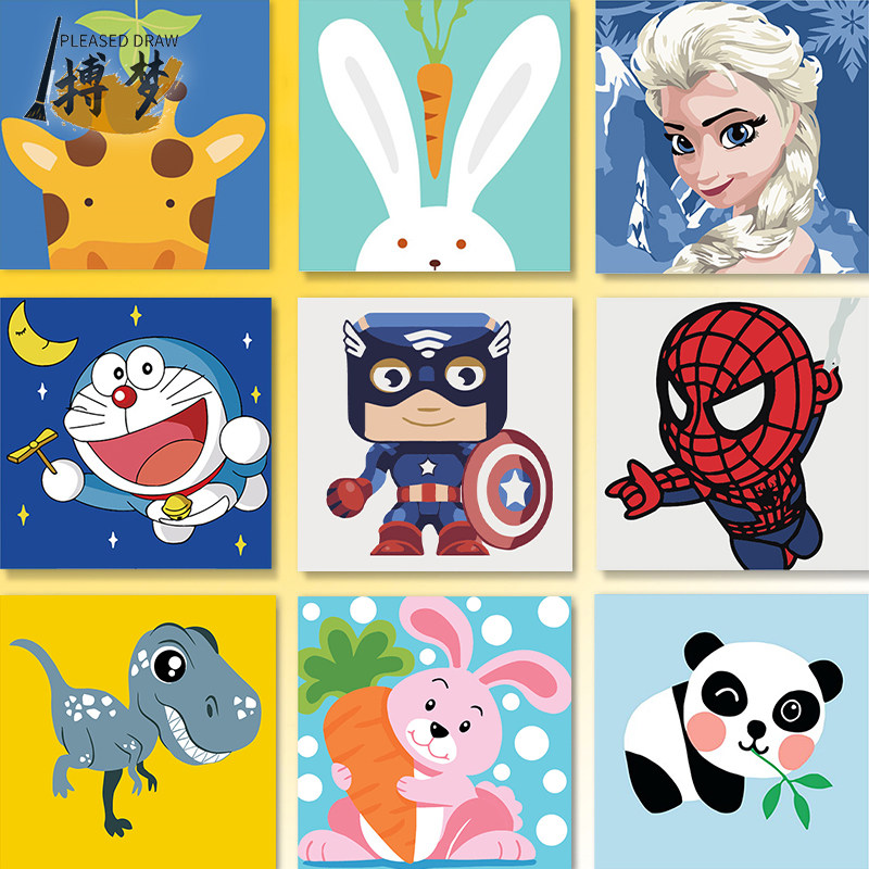 画画 diy数字油画儿童卡通填充小尺寸动物猫迷你长颈鹿手绘填色画