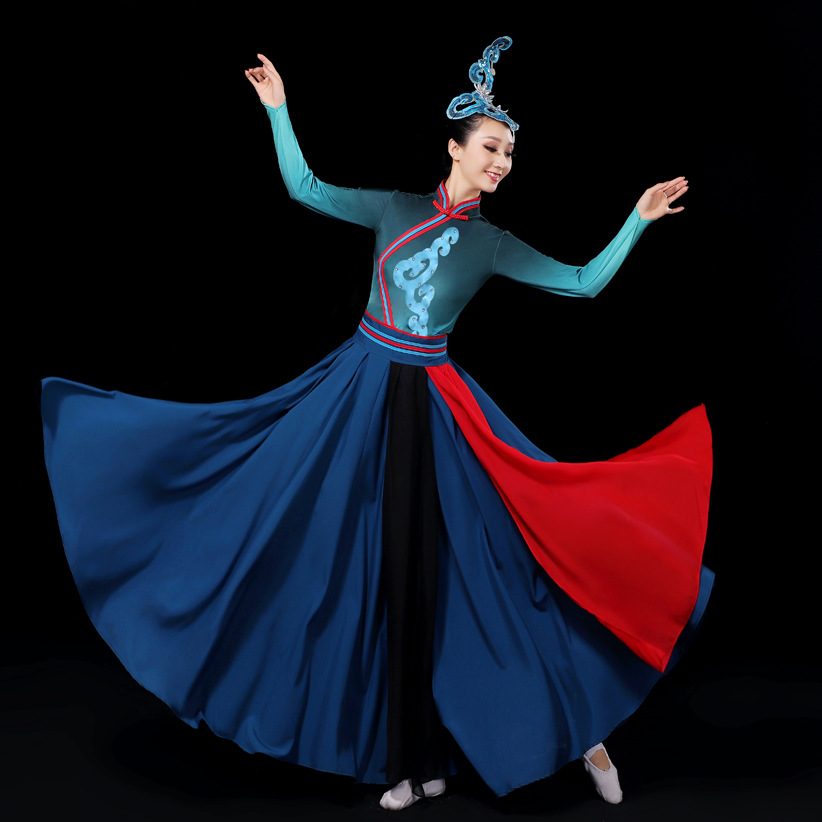 蓝色蒙古舞蹈演出服女成人艺考大摆裙开场舞连衣裙蒙族舞台表演