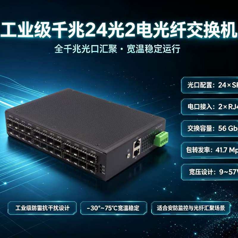 请议价-工业级千兆24光2电光纤交换机，24个SFP光口+2个RJ4