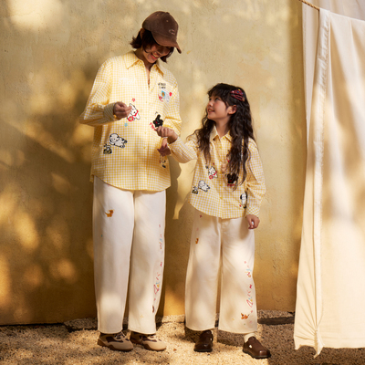 西町村屋休闲亲子装衬衣春新款趣味小狗毛巾绣格纹衬衣KKBA10506