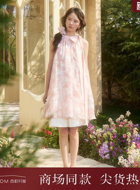 西町村屋仙系挂脖OP连衣裙2026夏新款蝴蝶结裙子含发饰XABB10095