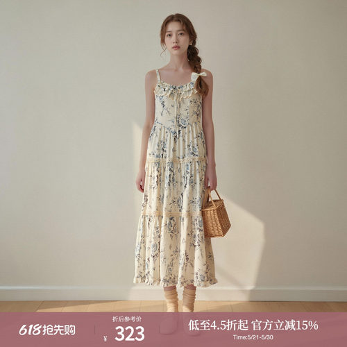 西町村屋法式吊带裙女夏季新款优雅梦幻花园长款连衣裙XHAB10136