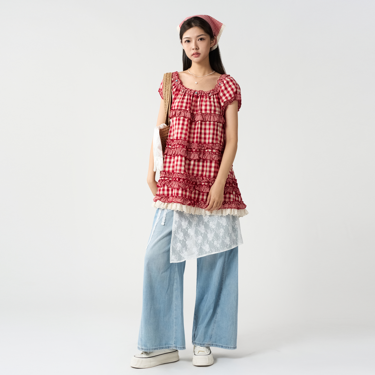 西町村屋格纹花边短袖连衣裙女装夏季新款甜美百搭裙子XAAB10166