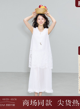 西町村屋文艺重工连衣裙女装2026夏季新款镂空刺绣裙子XABB10523