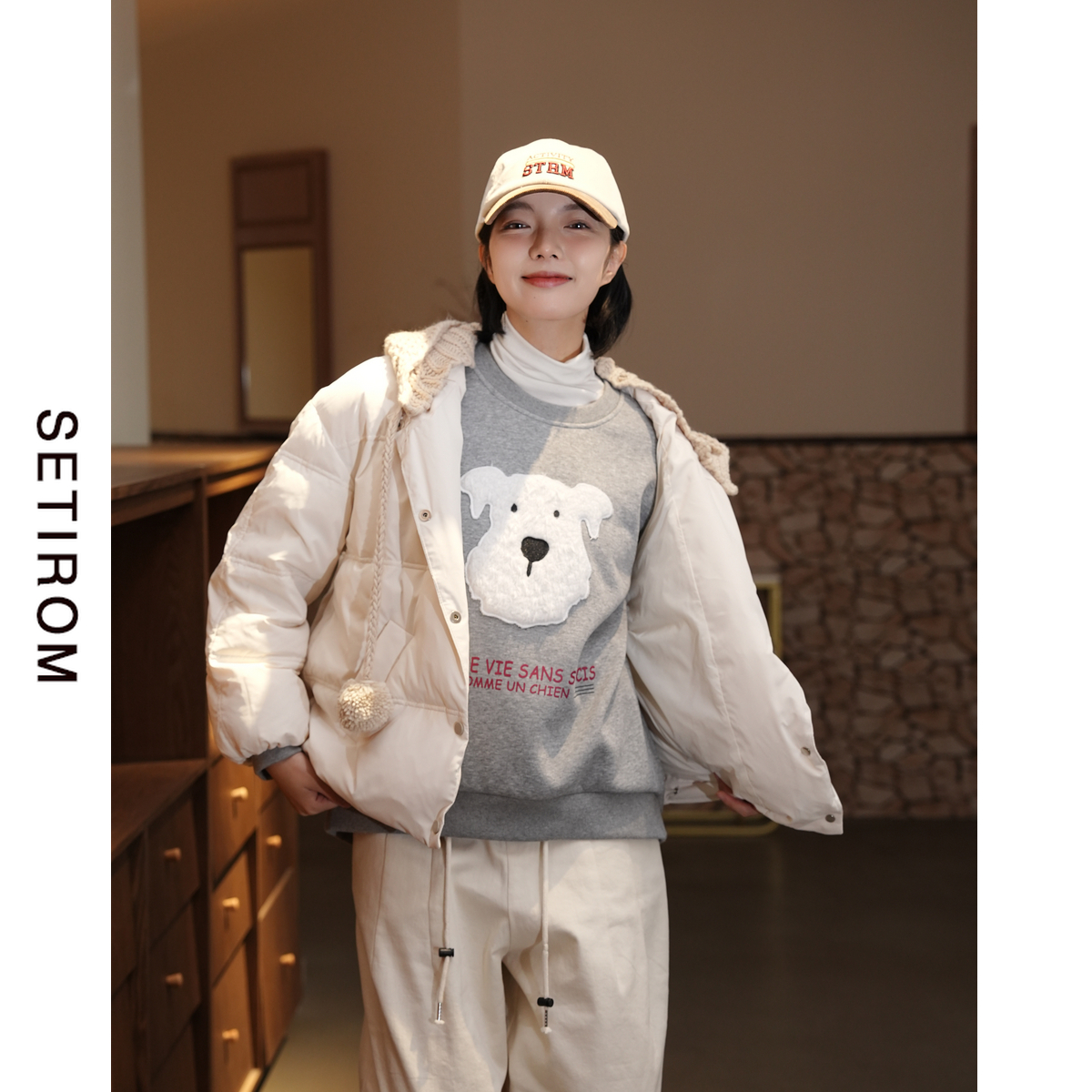 西町村屋粗针帽子可拆卸羽绒服