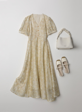 西町村屋法式印花短袖连衣裙女装夏季新款气质V领裙子XH9B10049