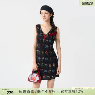 西町村屋复古刺绣花朵连衣裙女装夏季新款气质无袖裙子XHAB10699