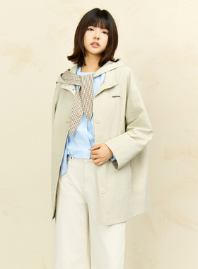 西町村屋韩系格纹拼接外套女2026春新款中长款风衣含帽XHBA10292
