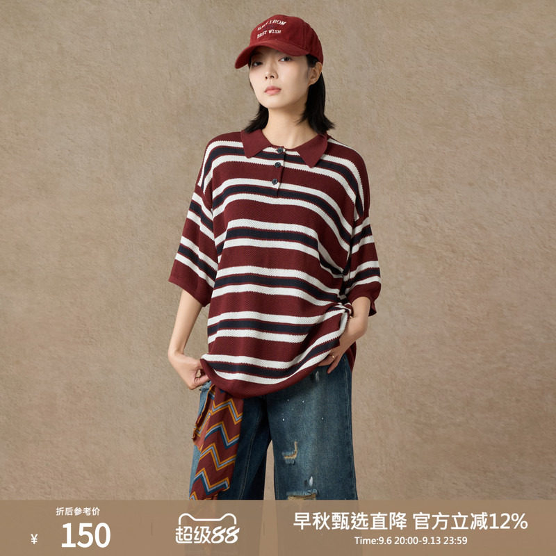 西町村屋条纹POLO短袖针织衫图片