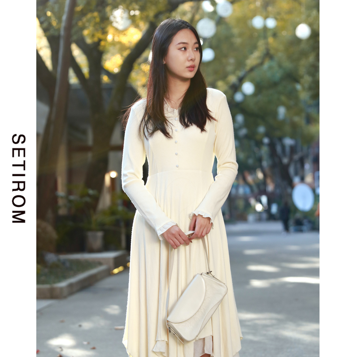 西町村屋法式设计拼接针织长摆裙