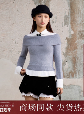 西町村屋甜美小衫女装2025冬季新款娃娃领针梭拼接上衣XAAD10391