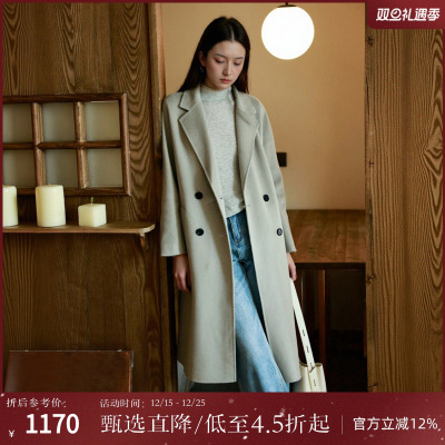 西町村屋气质简约腰羊毛长款大衣