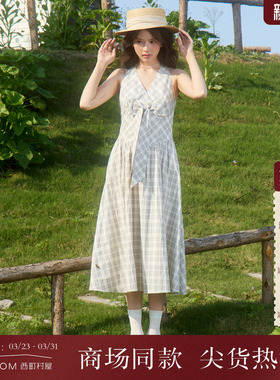 西町村屋文艺风连衣裙女2026夏新款格纹蝴蝶结无袖裙子XABB10318