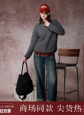 西町村屋简约百搭磨毛直筒裤秋冬新款休闲斜门襟牛仔裤XA9D10125