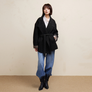 西町村屋复古外套女装2025冬季新款格纹拼接中长款上衣XHAD10425