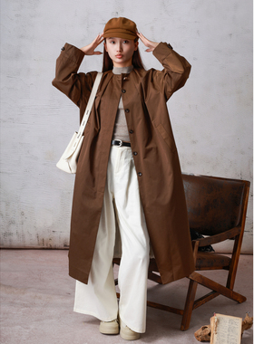 西町村屋松弛无领设计风衣女秋季新款休闲长款收腰外套XH9C10108