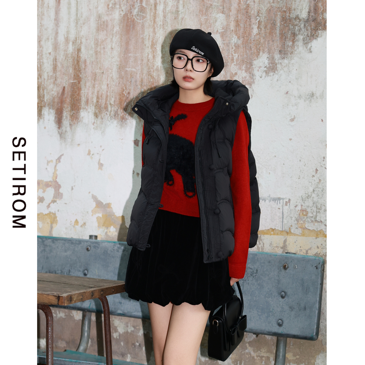 西町村屋猫咪提花短款气质毛衣女