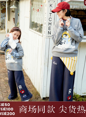 西町村屋休闲直筒裤女装2025冬季新款卡通绣花针织裤子CAAD10688