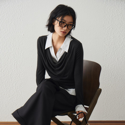 西町村屋假两件拼接小衫2026秋季新款简约女士百搭长袖XHBC10095