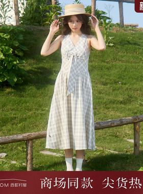 西町村屋文艺风连衣裙女2026夏新款格纹蝴蝶结无袖裙子XABB10318