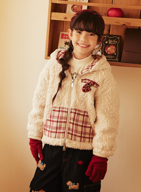 西町村屋红色格纹外套童装羊羔毛可爱氛围感中长款上衣KAAD10698