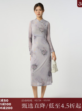 西町村屋连衣裙女2025秋新中式国风印花抽褶长袖连衣裙AC8502016
