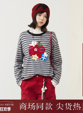 西町村屋趣味针织衫女装2026春新款小猫毛巾绣休闲上衣CCBA10443