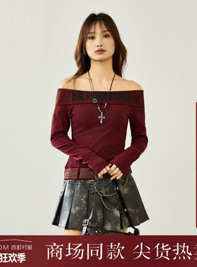 西町村屋美式辣妹一字肩上衣女2026春新款时尚长袖T恤XABA10718