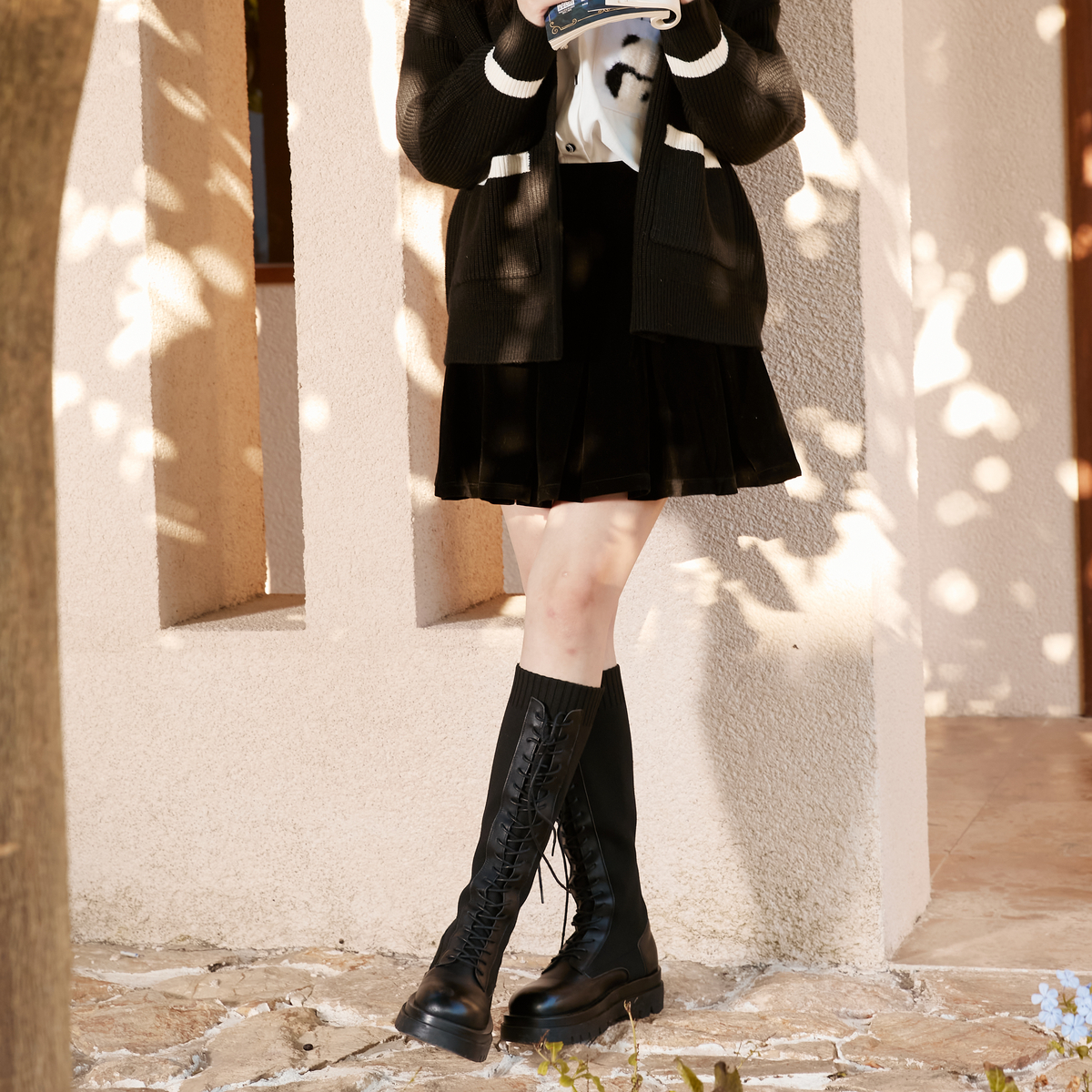 西町村屋压褶丝绒简约百搭半身裙