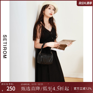 西町村屋连衣裙女百搭纯色法式 复古蝴蝶结吊带裙长裙AB8404011