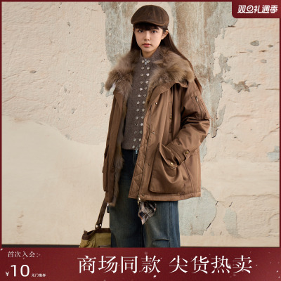 西町村屋复古狼毛皮内胆鹅绒外套女2025新款派克羽绒服XXAD10001